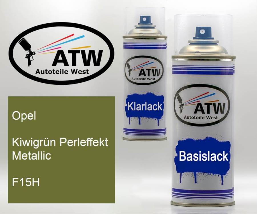 Opel, Kiwigrün Perleffekt Metallic, F15H: 400ml Sprühdose + 400ml Klarlack - Set, von ATW Autoteile West.